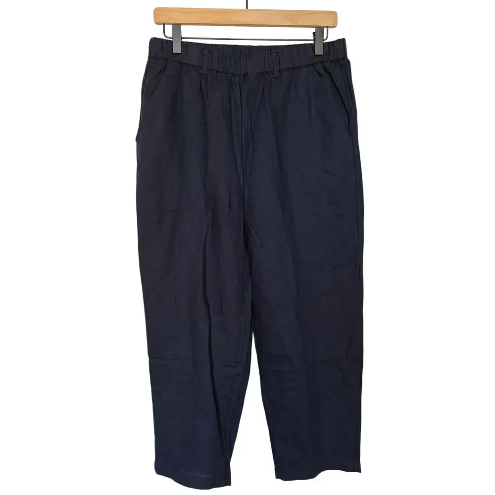Quince Navy Blue Cropped Linen Pull On Pants Euro Summer Coastal Classic size M